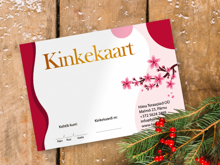 Hiina Teraapiate kinkekaardid Pärnus – lõõgastav kingitus massaaži ja heaolu jaoks, saadaval erinevates väärtustes ja digitaalsel kujul.