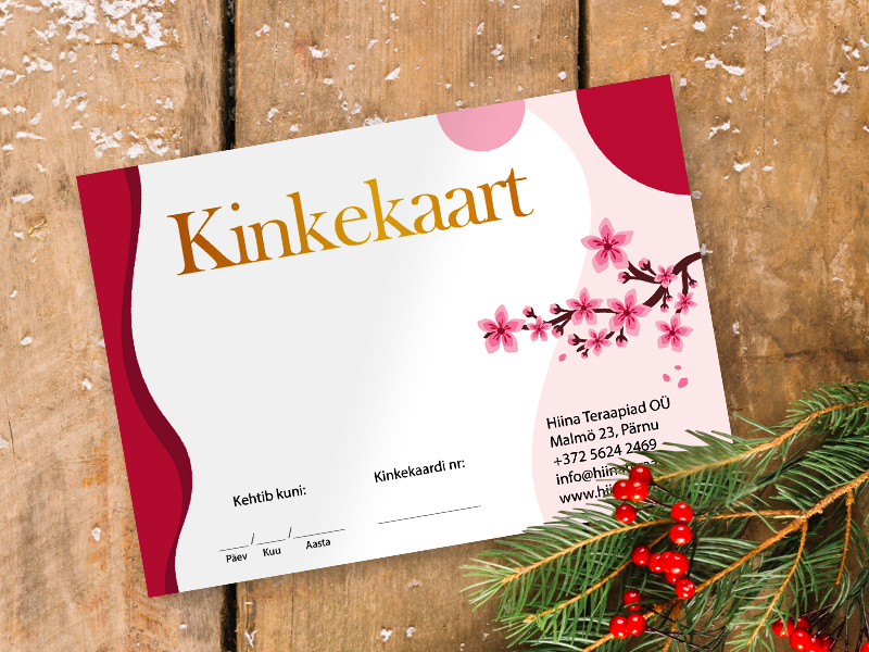 Hiina Teraapiate kinkekaardid Pärnus – lõõgastav kingitus massaaži ja heaolu jaoks, saadaval erinevates väärtustes ja digitaalsel kujul.